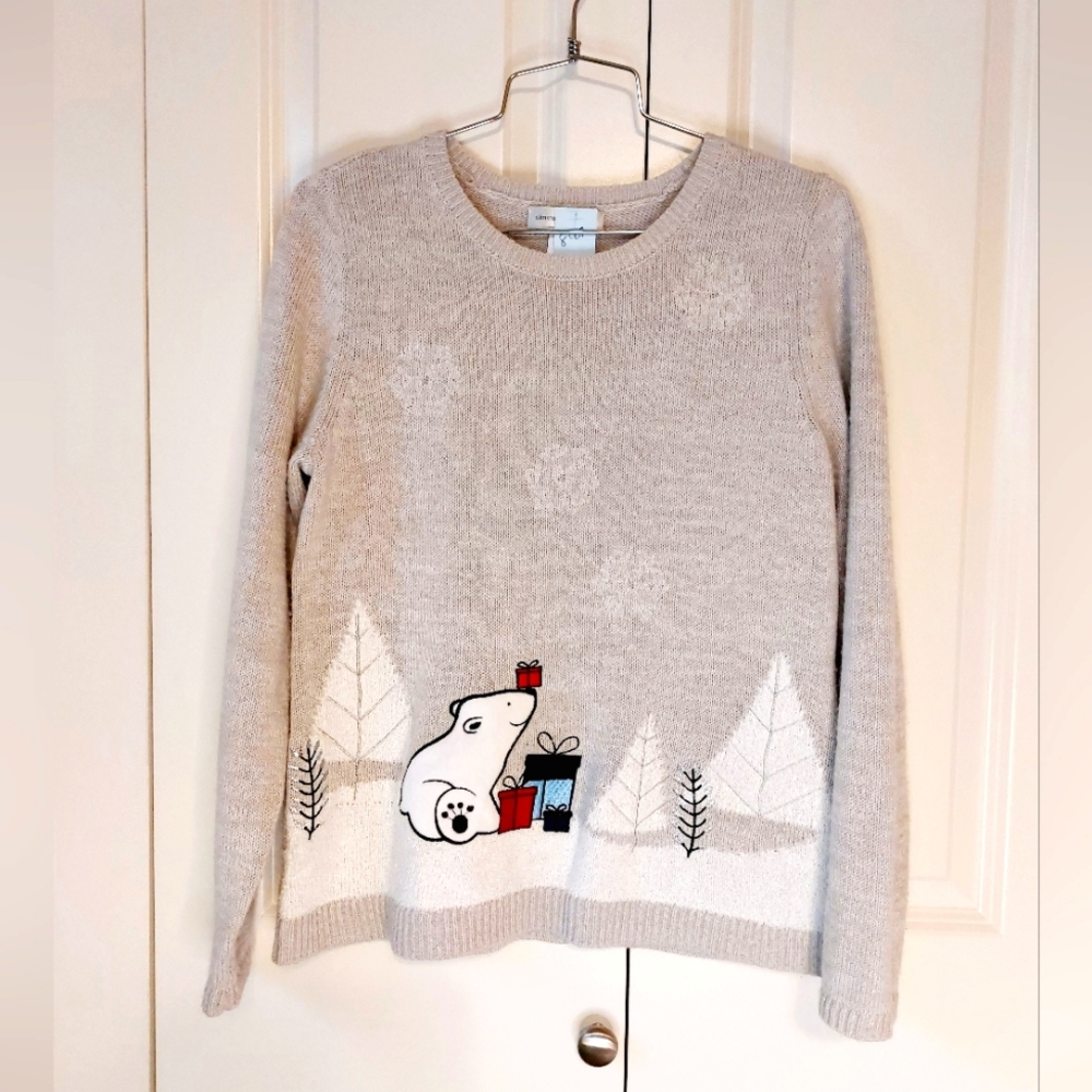 Polar‎ Bear Christmas Sweater Grey size Small Christopher & Banks holiday snow